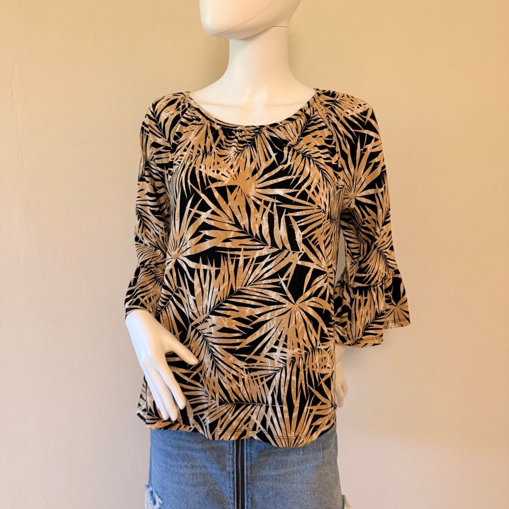 Michael Kors Women's Tan Black Palm Leaf Print Bell Sleeve Ruffle‎ Top Size L